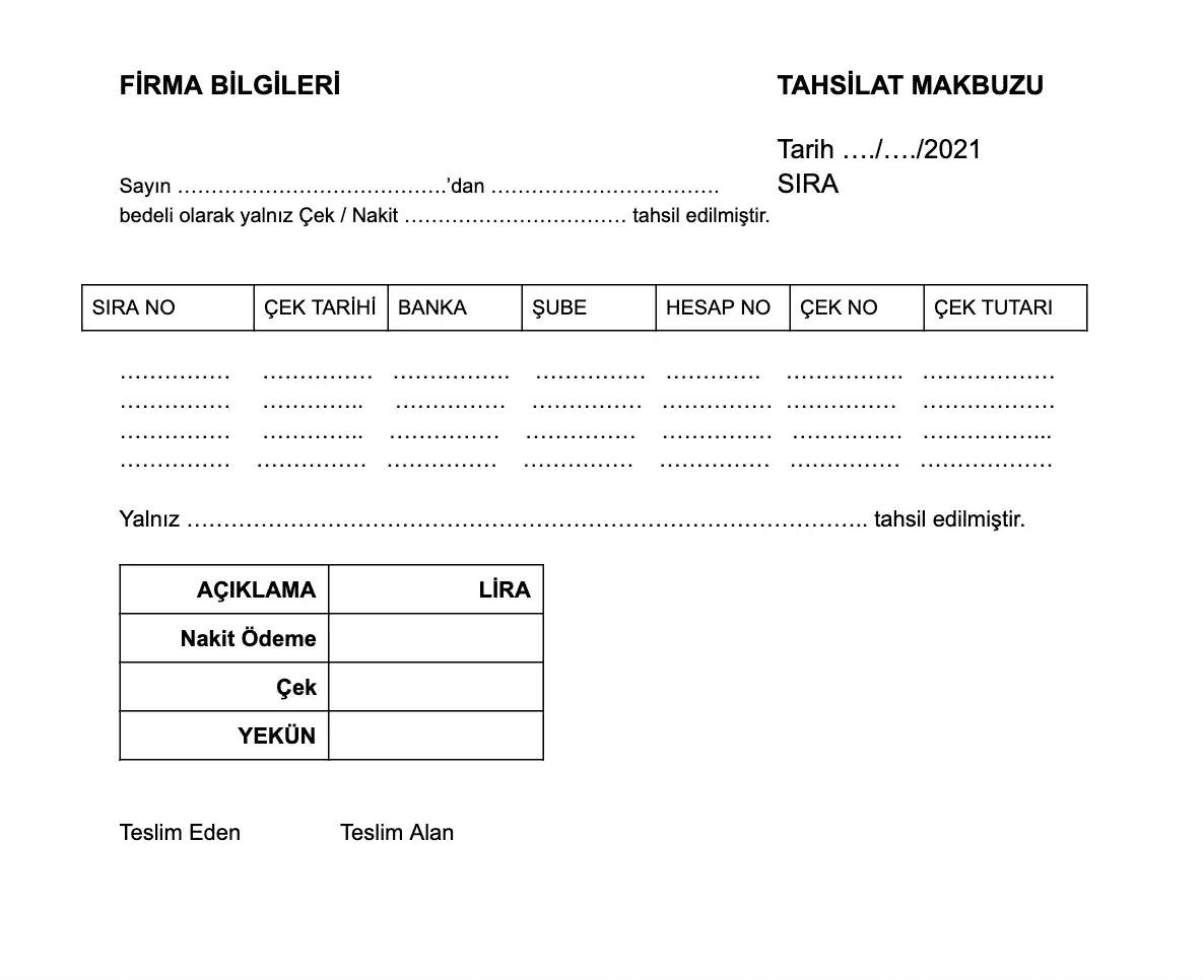 Tahsilat makbuzu örneği